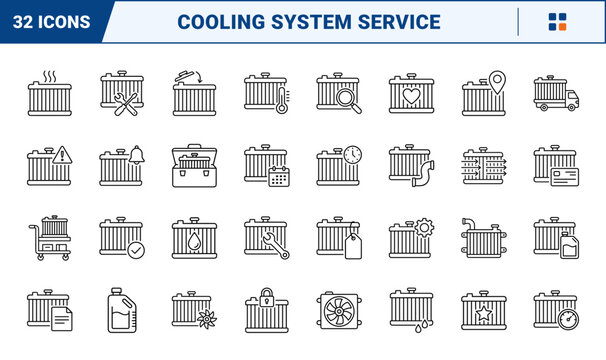 Car Radiator Cooling System Repair Web Icon Set in Linear Style. Collection of Auto Service line icons, including car radiator, coolant bottle, radiator fan, repair tools, pressure gauge and more.