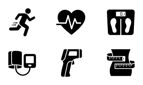 Health and fitness icons for running, heart rate, scale, blood pressure, thermometer, and measuring tape. UI and web interface.