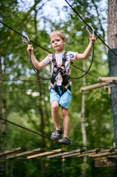 Young boy challenging rope course in forest adventure park. Active child balancing, climbing and overcoming outdoor obstacles during summer recreational activity, developing confidence