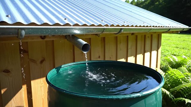 Rainwater harvesting barrel collecting water from a roof gutter.