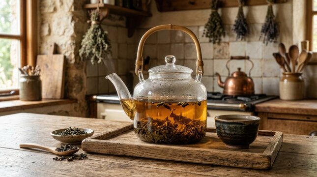 Amber oolong tea leaves steeping in a clear glass teapot on a wooden tray in a rustic farmhouse kitchen, with a copper kettle in the background for a traditional Chinese tea drinking scene