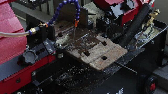 Industrial scene showing a band saw machine in action. A metal part is being precisely cut by a saw blade, while a flexible coolant nozzle delivers lubricant to the cutting zone, reducing friction and