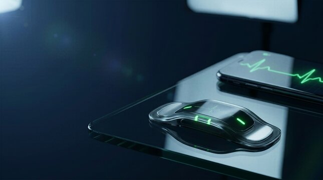 Transparent futuristic medical sensor with glowing green lights and phone showing heart rhythm.