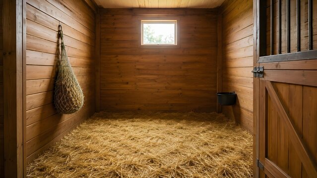 Clean wooden horse stall interior featuring hay net and fresh bedding under natural window light with illuminated soft natural straw bedding hanging
