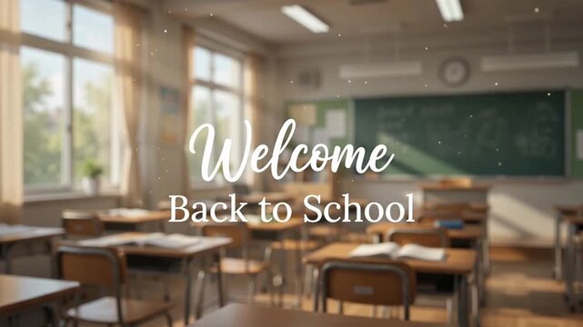 Welcome back to school classroom with desks and sunlight background 4K