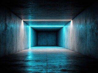 Naklejka premium Immersive 3D Render of a Dark Concrete Cube Room Illuminated by Vibrant Blue and White Neon Glow Lights Reflecting on a Wet Floor Creating an Abstract SciFi Ambiance