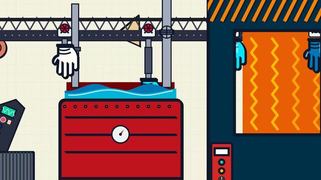 Flat design 2D animation of a rubber glove factory production line featuring molds dipping into liquid and going to a curing oven with a worker operating a control panel