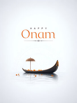 Minimalist happy onam festival greeting card design featuring a traditional wooden snake boat on calm water