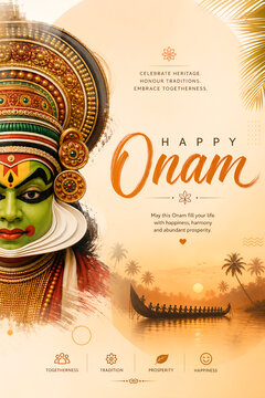 Happy onam festival greeting card design featuring a traditional kathakali dancer and a scenic kerala boat race