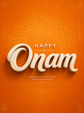 Happy onam festival greeting card design with 3d white typography on an orange background with floral decorations
