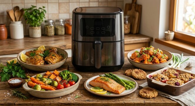 Modern Air Fryer With Delicious Meals Displayed