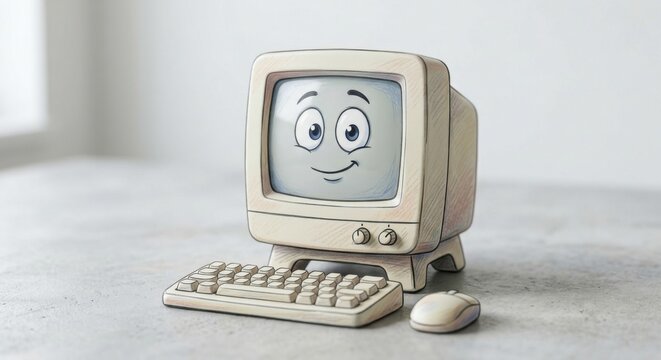Vintage cartoon computer character with keyboard and mouse