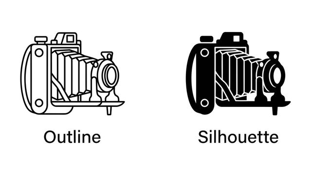 Vintage Camera Outline and Silhouette: A classic folding camera is presented in both an outline and silhouette style, showcasing its retro design and iconic form.