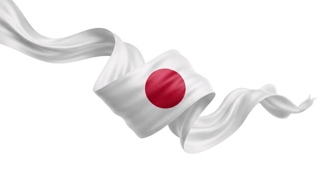 Swirling Japanese flag ribbon featuring iconic red sun symbol rendered on smooth flowing white satin silk fabric motion vector.