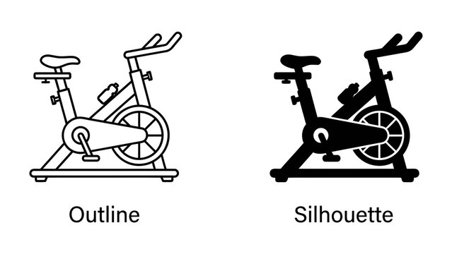Exercise Bike Icon Set: A clear outline and a bold silhouette of a stationary exercise bike, representing indoor cycling and fitness.