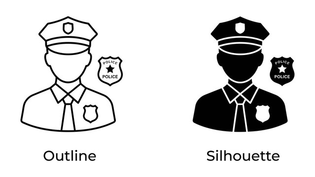 Police Officer Icons: Two stylized representations of a police officer, one in outline and one in silhouette, accompanied by a police badge, signifying law enforcement and authority.