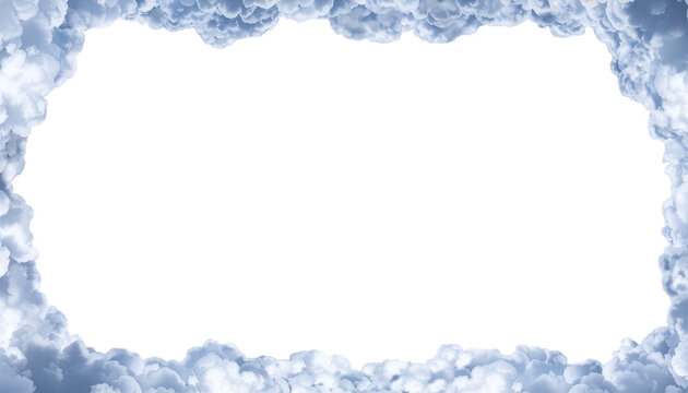 Realistic cool blue cumulus cloud horizontal frame border with soft lighting, center hole overlay element with alpha channel transparency for copy space