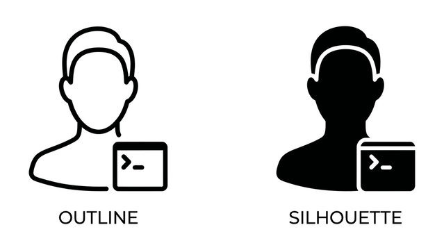 User Icon and Terminal Window: Two user profile icons, one in outline and the other in silhouette, are depicted alongside a terminal command-line interface window.