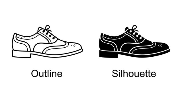 Brogue Shoe Design: Two brogue shoe designs, one in outline and one as a silhouette, showcase classic footwear style and detail.