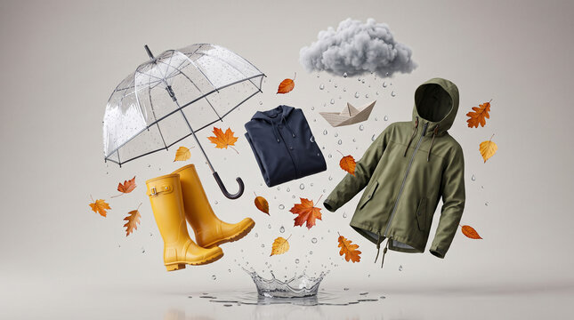 autumn rain essentials floating mid air with umbrella boots and jacket
