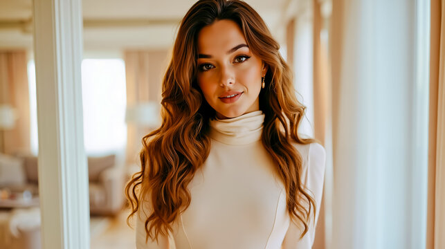 A woman with long brown hair and a white top smiling at the camera