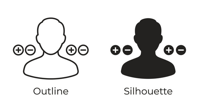Positive and Negative Icons: A minimalist design showcases two stylized human figures, one in outline and the other a silhouette, each flanked by plus and minus symbols.