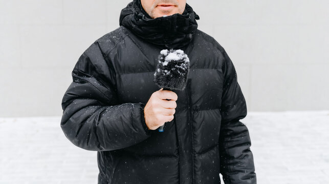 Male journalist reporting in winter snowstorm. Reporter holding microphone covered in snow. Breaking news and live weather coverage