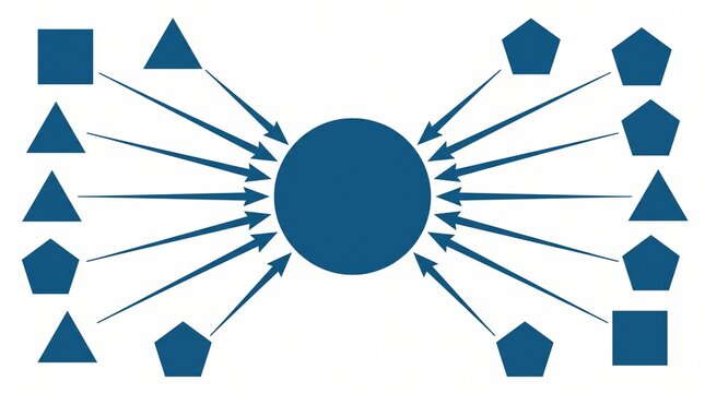 central hub converging arrows geometric shapes pointing toward the solid blue circle in a clean minimalist flat illustration depicting data consolidation business centralization and system integration