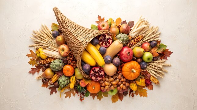 Vibrant thanksgiving cornucopia overflowing with colorful fall fruits and vegetables