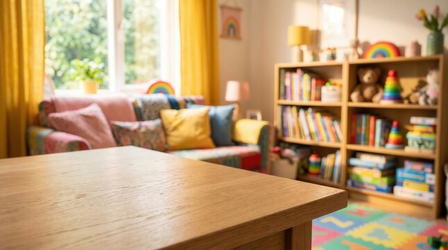 Empty wooden table product display with blurred cozy colorful children playroom interior background