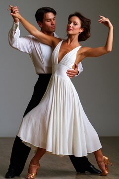 Elegant couple performing ballroom dance in classic pose on warm gray background