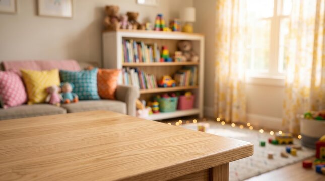 Empty wooden table product display with blurred cozy children playroom interior background