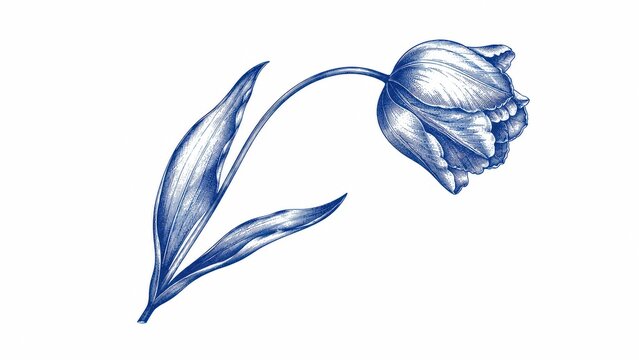 Blue engraved tulip flower botanical illustration on white