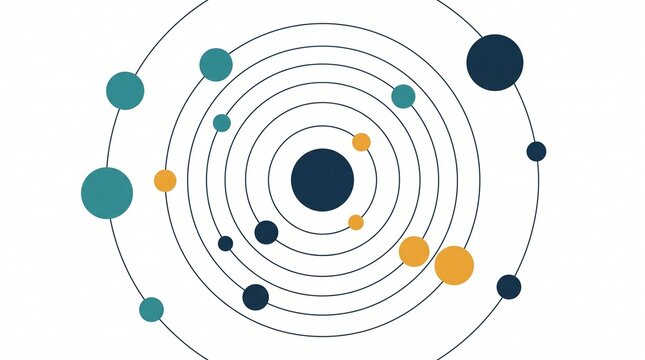 solar system orbital rings atomic model shown in a flat minimal illustration depicting concentric planetary orbits microscopic molecular structures abstract cosmic networks and modern physics research