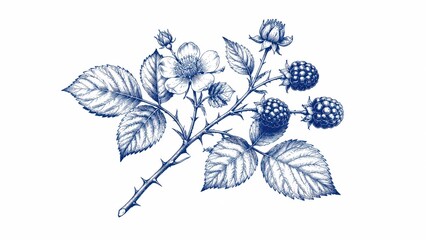 Obraz premium Botanical ink illustration of blackberry branch with flowers
