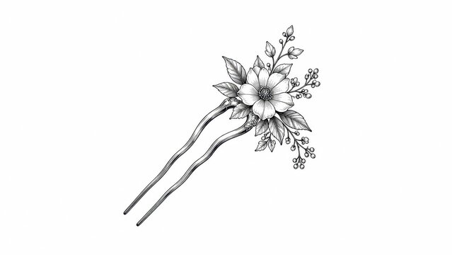 Black and white floral hairpin with botanical line art