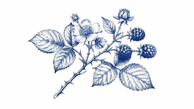 Botanical ink illustration of blackberry branch with flowers