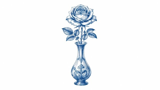 Blue vintage rose illustration in an ornate decorative vase