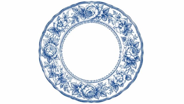 Blue floral porcelain plate border on white background