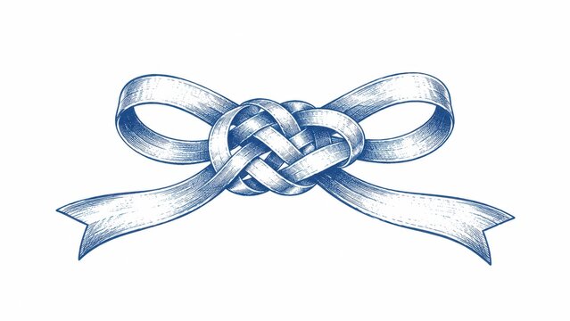 Blue engraved ribbon bow with decorative interwoven knot