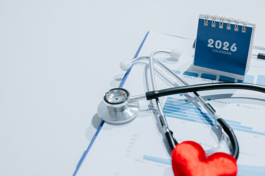 Healthcare planning concept. 2026 calendar with stethoscope, heart and medical charts for annual health strategy, checkup, prevention, care