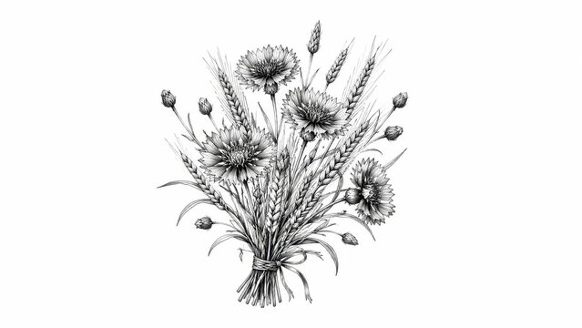 Hand Drawn Wildflower and Wheat Bouquet Illustration