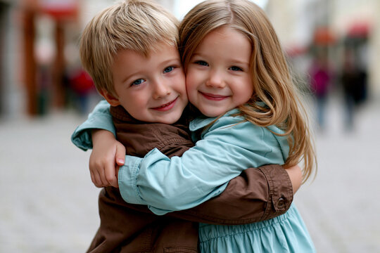 Children hug on a city street in the daytime