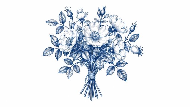 Blue botanical illustration of a tied wild rose bouquet