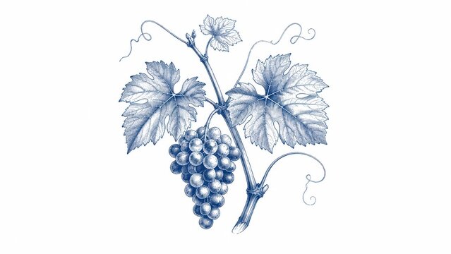 Blue botanical illustration of grape cluster with vine leaves