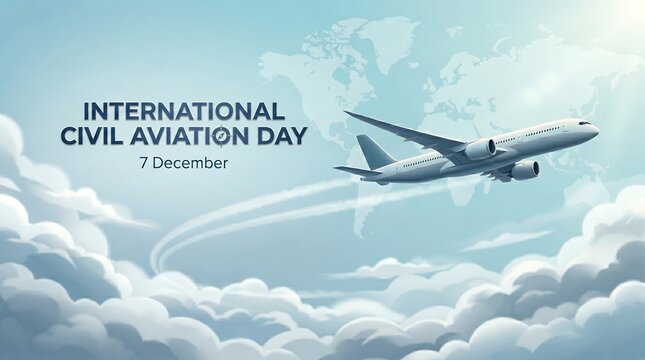 Digital Illustration of Commercial Airplane Flying Through Sky Clouds with Global Map Background for International Civil Aviation Day