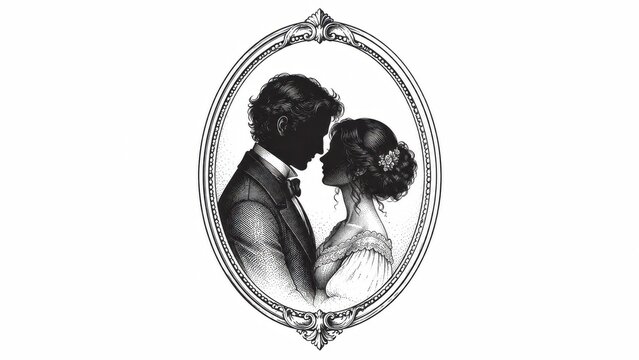 Vintage engraved silhouette portrait of couple in oval frame