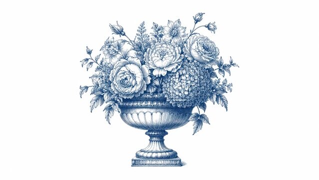 Blue floral arrangement in classical urn line art illustration