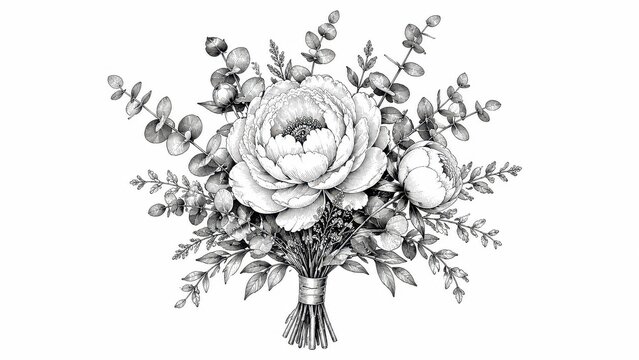 Black and white botanical bouquet with peony flowers