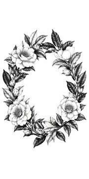 Black and white floral wreath with blooming flowers and leaves